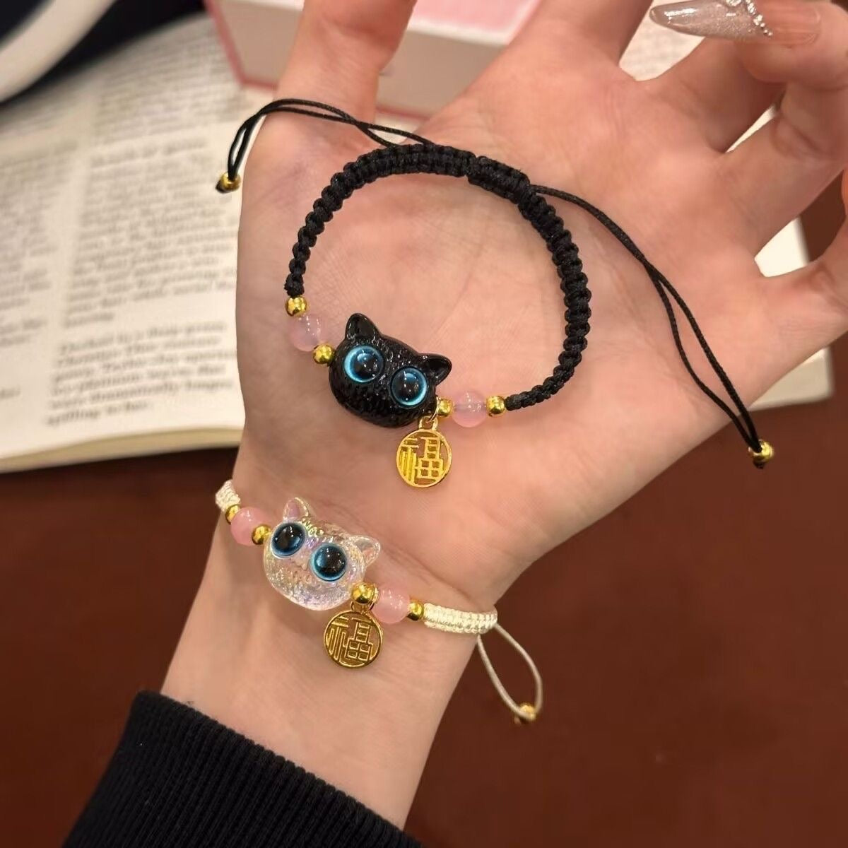 Cute kitten couple bracelet, a pair of men's and women's imitation crystal braided rope, niche design, gift for girlfriend, hand ornament